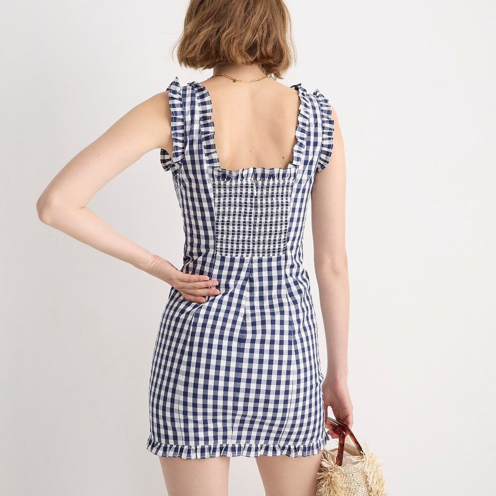 J Crew NWT Ruffle-trim Stretch Cotton Poplin Mini Dress in Gingham Navy size 6 - Picture 2 of 11